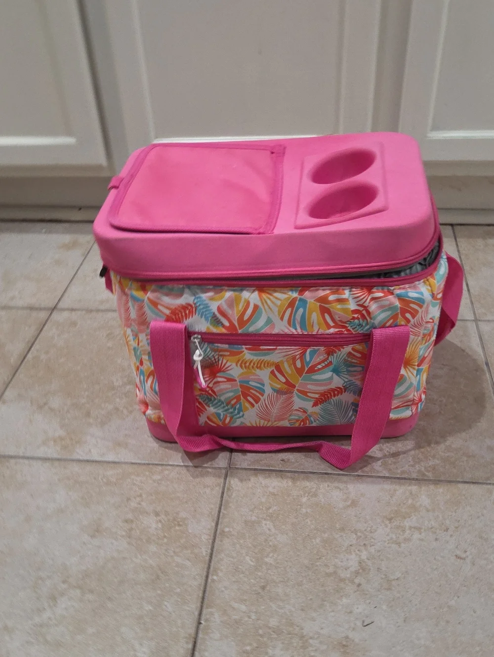 Unbranded Pink Tropical Print Insulated Cooler Tote